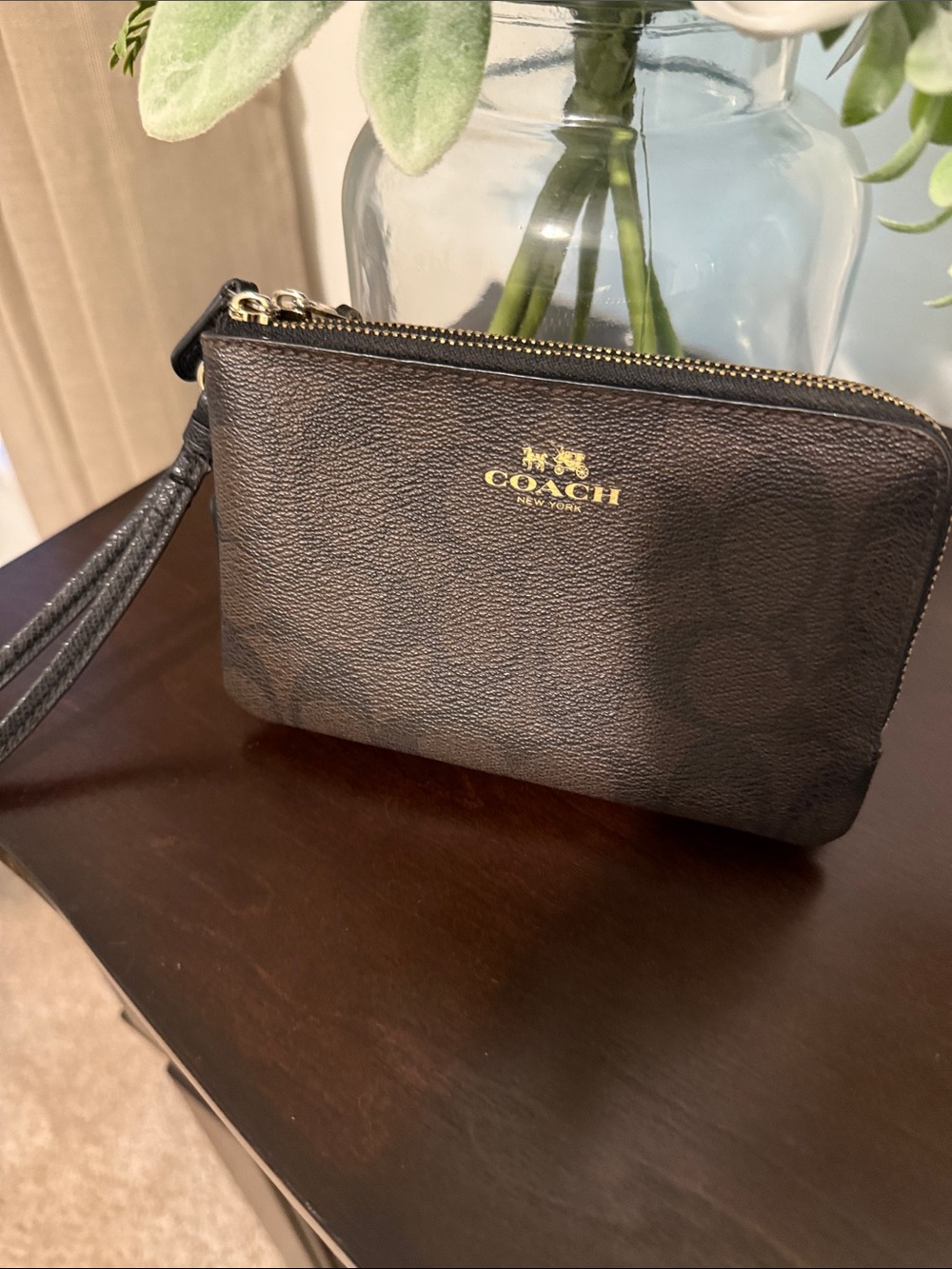 Coach Dark Brown Leather Zip Wristlet with Gold Logo